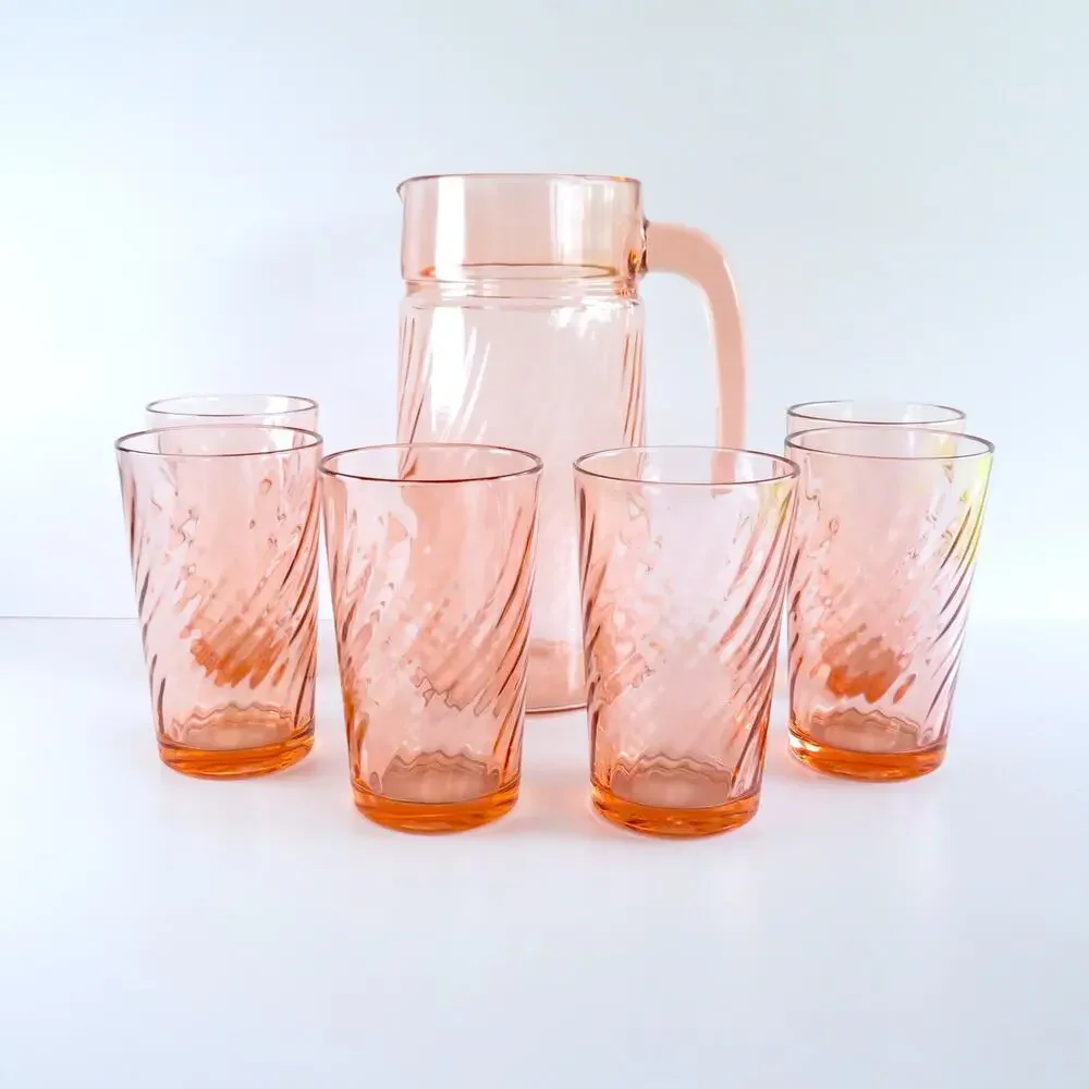 Vintage Arcoroc France Rosaline Pink Swirl Pitcher and Glasses 7 Piece Set